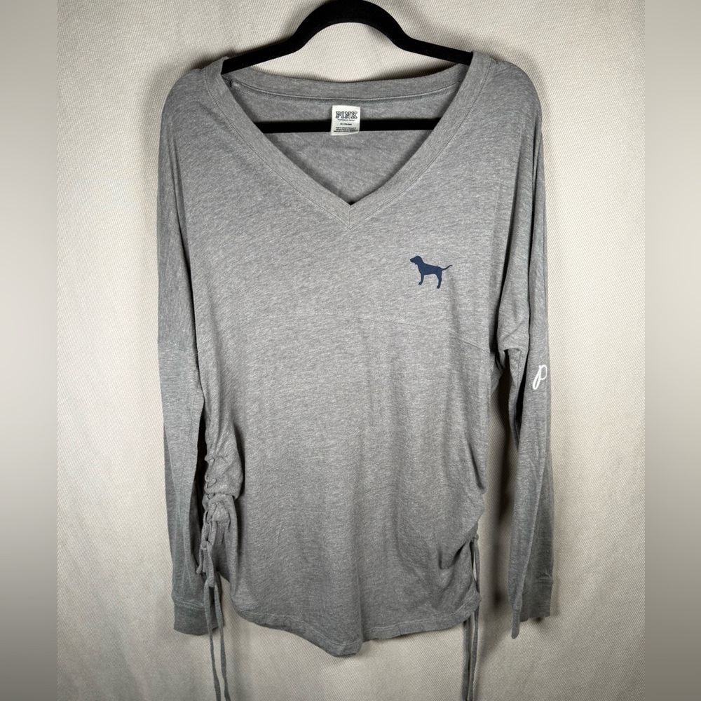 PINK! By Victoria's Secret V-Neck Long Sleeve Top w/ Tie Sides - Medium in Grey